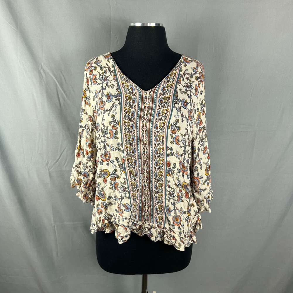 Rose & Thyme Blouse Top Womens 1X Multicolor Floral Ruffle Sleeve V Neck Boho